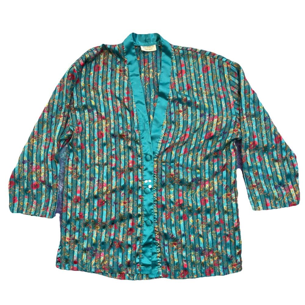 90s Victoria's Secret Gold Label Nightshirt One Size FLAW Teal Pinstripe Floral